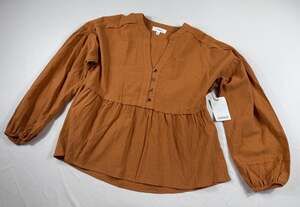 Cerule Women's Rust Brown Cotton Gauze Long Sleeve Peplum Button-Down Top